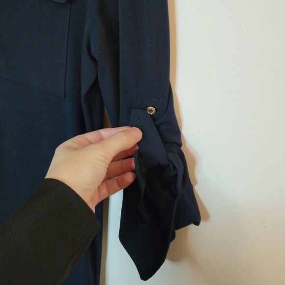 Calvin Klein Navy Blue Gold Button Roll Tab Long Sleeve Shirt Dress Size 4 - Picture 11 of 12